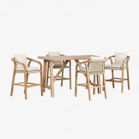 Conjunto De Mesa Alta Retangular 160x90 Cm E 4 Bancos Altos Em Madeira De Acácia Dubai Castanho Acácia Rústico & Tecido Gardénia Branco - Sklum