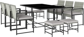 Outsunny Conjunto de Jantar Pátio 11 Peças, Mobiliário Exterior com 6 Poltronas, 4 Pufes, Cinza | Aosom Portugal