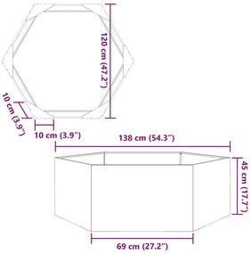 Vaso/floreira de jardim hexagonal 138x120x45 cm aço inoxidável