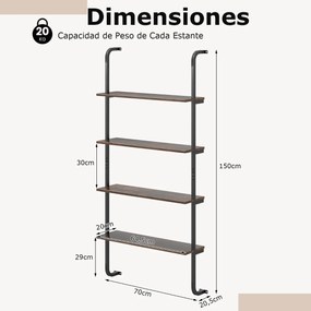 Estante de parede flutuante de 4 níveis Estante tipo escada com Moldura de metal 70 x 20,5 x 150 cm Castanho