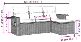 4 pcs conjunto sofás de jardim c/ almofadões vime PE cinzento