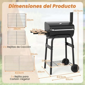 Grelhador a carvão para churrasco ao ar livre com mesa lateral dobrável Termóstato Prateleira de armazenamento preto
