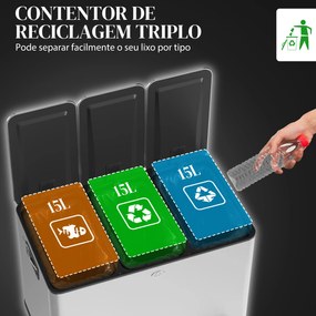 Caixote de Lixo de Cozinha com 3 Compartimentos 3x15L com Pedais Tampas com Fechamento Suave e Cubo Amovível Prata