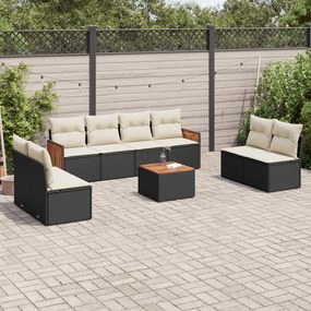 9 pcs conjunto de sofás p/ jardim c/ almofadões vime PE preto