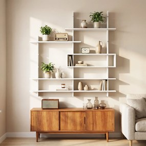 Estante Flutuante de Parede Geométrica Branca 136x20x140 cm com 4 Níveis e Compartimento Central Branco