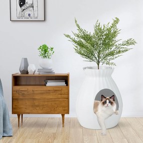 Caixa de areia oculta para gatos com planta artificial sintética Eliminação eletrónica de odores e esterilização 50 x 50 x 59 cm Branco