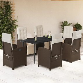7 pcs conjunto jantar p/ jardim c/ almofadões vime PE castanho