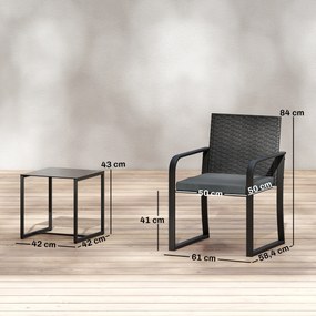 Conjunto de Jardim 3 Peças de Vime com 2 Cadeiras com Almofadas Tecido Textilene e Mesa de Vidro Temperado Cinza