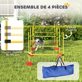 Conjunto de equipamento de agilidade para cães com 4 barreiras de salto ajustáveis em altura, saco de transporte, amarelo e laranja