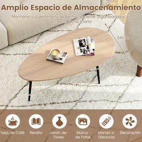 Mesa de centro oval, 108 x 56 x 44 cm em estilo Mid-Century com estrutura metálica para sofá, sala de estar Natural
