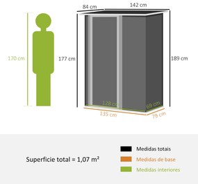 Outsunny Abrigo de Jardim 1,07m² 142x84x189cm Abrigo de Jardim de Aço Galvanizado com Porta Fechadura e Orifícios de Drenagem para Armazenamento de Ferramentas Cinza