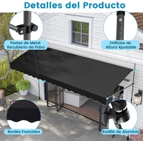 Toldo retrátil manual 4 m x 3 m Toldo exterior com altura ajustável Manivela e sem perfuração para janela Porta Terraço Preto