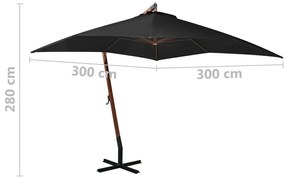 Guarda-sol de jardim suspenso c/ poste 3x3 m abeto maciço preto