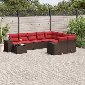 vidaXL 10 pcs conj. sofás jardim com almofadões vime PE castanho