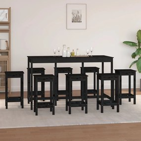 9 pcs conjunto de bar pinho maciço preto