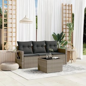 4 pcs conjunto sofás de jardim c/ almofadões vime PE cinzento