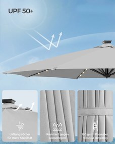 Guarda-sol jardim Ø 300 cm com luzes LED solares UPF 50+ rotativo 360º com base cruzada (SEM PESOS) Cinzento