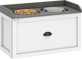 PawHut Comedouro Alto para Cães com 2 Tigelas 2000ml de Aço Inoxidável Gaveta Oculta com Suporte de Madeira 60x30x36cm Branco | Aosom Portugal