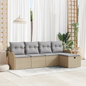 Conjunto de Sofá de Jardim de 5 Peças com Almofadas Bege em Vime de Po