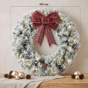 Coroa de Natal para Porta com Efeito Nevado, 50 Luzes LED, Pinhas, Bagas e Laço Festivo para Lareira, Parede ou Janela