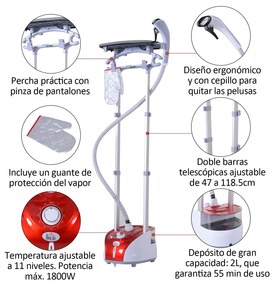 HOMCOM Escova de vapor de roupas Temperatura 1800W ajustável a 11 níve