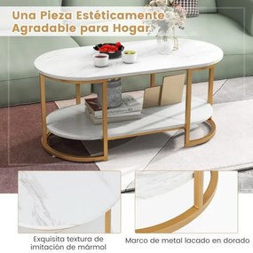 Mesa de centro em mármore de 2 níveis para sala de estar e quarto 100 x 50 x 45 cm Branco e dourado