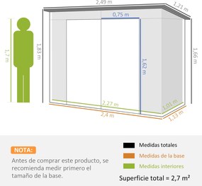 Abrigo de Jardim 2,7m² 249x121x183 cm Abrigo de Exterior com Porta Dupla 2 Ventilaç4oes e Trava Abrigo para Pátio Cinza