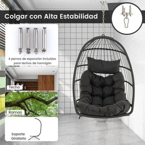 Cadeira suspensa em forma de ovo com almofada para a cabeça, almofada para o assento, cesto de vime, design dobrável, carga máxima 150 kg, 77,5 x 74 x