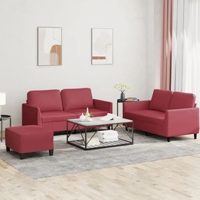 vidaXL 3 pcs conjunto sofás c/ almofadões couro artif. vermelho tinto