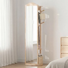 Espelho giratório 3 em 1 com cabideiro, estantes e ganchos – organizador para quarto – 48 x 168 cm – cor Natural