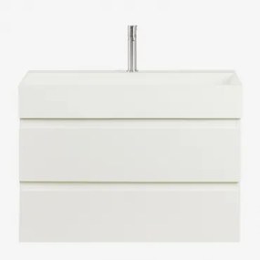 Conjunto De Móvel De Casa De Banho Suspenso Em Madeira E Folha De Freixo Com Lavatório Integrado Ona Branco & Sem Espelho & - Sklum