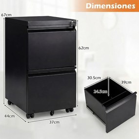 Armário de arquivo escritório móvel com 2 gavetas 44 x 37 x 67 cm, fechadura e 5 rodas, em metal, para arquivos de tamanho Carta, A4 e Legal, para esc