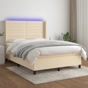 Cama box spring c/ colchão e LED 140x190 cm tecido cor creme