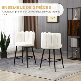 Conjunto de 2 cadeiras altas de bar com apoio para os pés, em aço e tecido com efeito de lã felpuda, altura 65 cm, creme e preto