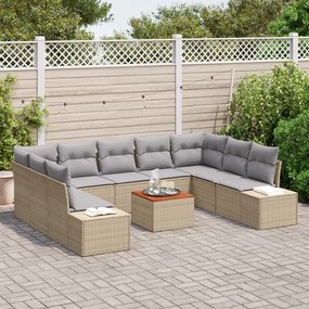 Conjunto de Sofá de Jardim de 10 Peças com Almofadas Bege Rattan Polié