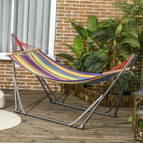 Cama Rede com Suporte Dobrável 2 em 1 com Barra Estrutura de Aço para Jardim 270x100x94 cm Multicolor