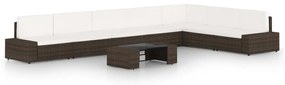 8 pcs conjunto lounge p/ jardim c/ almofadões vime PE castanho
