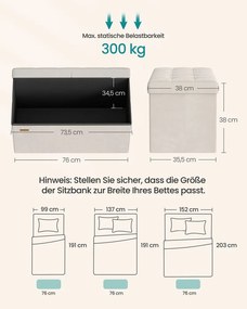 Banco com espaço de arrumação e tampa rebatível 38 x 76 x 38 cm creme