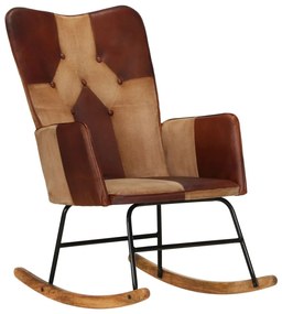 Cadeira de baloiço couro genuíno e lona castanho