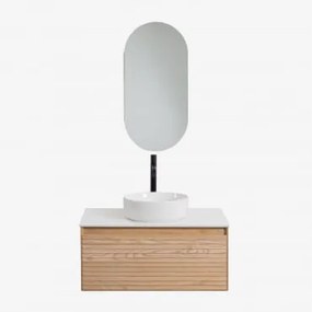 Conjunto De Móvel De Casa De Banho Suspenso Em Madeira De Freixo Tedrik Castanho Fresno & Cerâmica Redonda Branca Ø40 Cm Lenka - Sklum