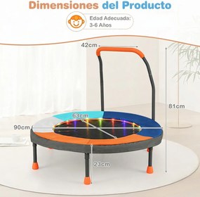 Mini-trampolim para crianças de 90 cm com luzes, dobrável, com barra de espuma e capa de segurança acolchoada multicolorida 1