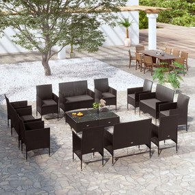 vidaXL 16 pcs conjunto lounge de jardim c/ almofadões vime PE preto