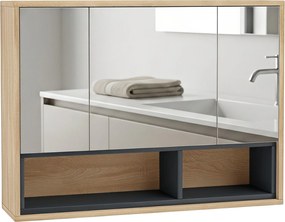 HOMCOM Móvel de casa de banho com espelho, armário de parede para casa de banho com 3 portas e 8 compartimentos, carvalho | Aosom Portugal
