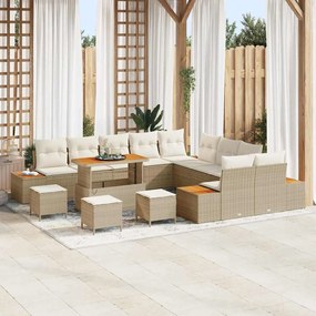 Conjunto de Sofá de Jardim vidaXL com 14 Peças com Almofadas Bege Rattan Poliéster Acácia