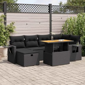 8 pcs conjunto sofás jardim com almofadões vime PE/acácia preto