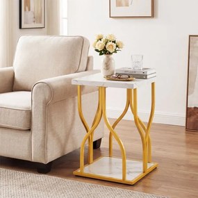 Mesa de apoio Quadrada, 39,5 x 39,5 x 59,5 cm, 2 Níveis de Arrumação imitação mármore, Dourado