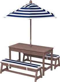 Conjunto de mobiliário de jardim para crianças, com almofadas e guarda-sol amovível, às riscas em azul-marinho e branco