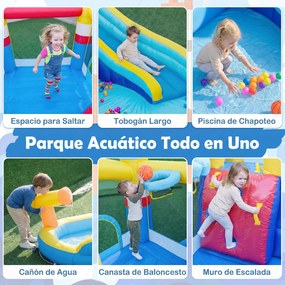 Castelo Insuflavel Escorrega aquático insuflável para crianças com piscina (SEM SOPRADOR), cascata, parede de escalada e basquetebol, Multicolorido