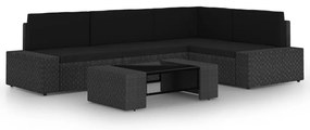 5 pcs conjunto lounge de jardim c/ almofadões vime PE preto