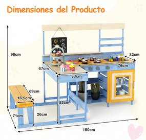 Cozinha de brincar com mesa de piquenique para crianças de madeira de abeto com banco Quadro negro Acessórios Utensílios Azul